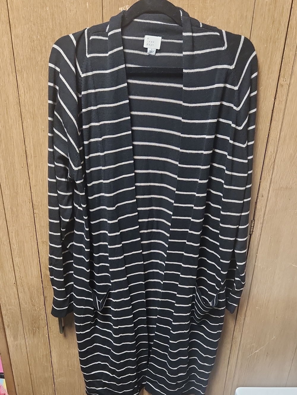 a new day Black and White Striped Open-Front Knee Length Cardigan